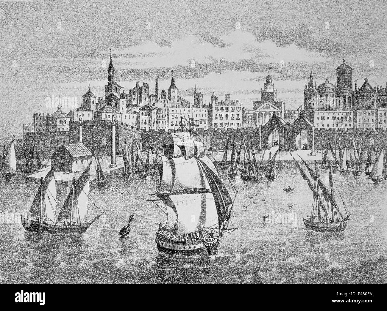HISTORIA DE ESPAÑA - VISTA DEL PUERTO DE CADIZ - SIGLO XVIII. Posizione: Biblioteca Nacional-COLECCION, MADRID, Spagna. Foto Stock