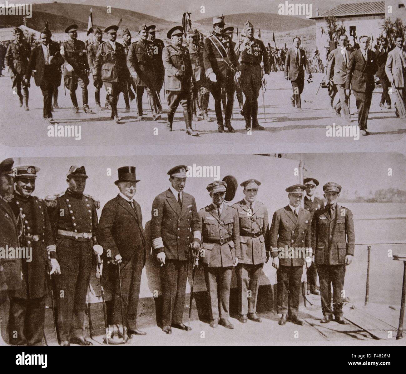 ALFONSO XIII VISITA MARRUECOS EN 1925 Y AL FONDO FRANCO- ABAJO ALFONSO XIII RECIBE UN PLUS ULTRA-1926. Foto Stock ALFONSO XIII VISITA MARRUECOS EN 1925 Y AL FONDO FRANCO- ABAJO ALFONSO XIII RECIBE UN PLUS ULTRA-1926. Foto Stock