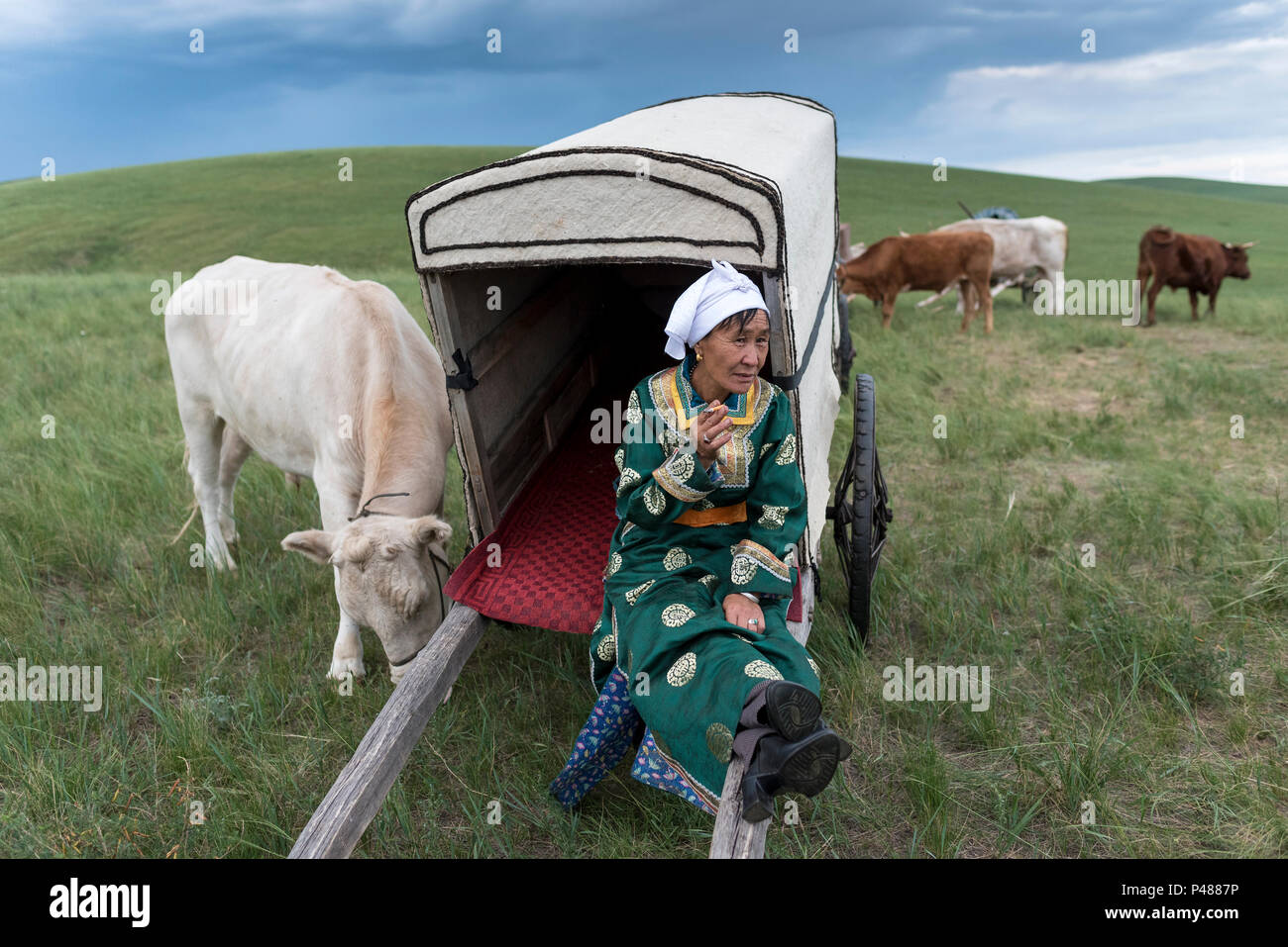 Una donna si rilassa su un bue carrello durante il summer camp, Xiwuzhumuginqi, Mongolia Interna, Cina Foto Stock