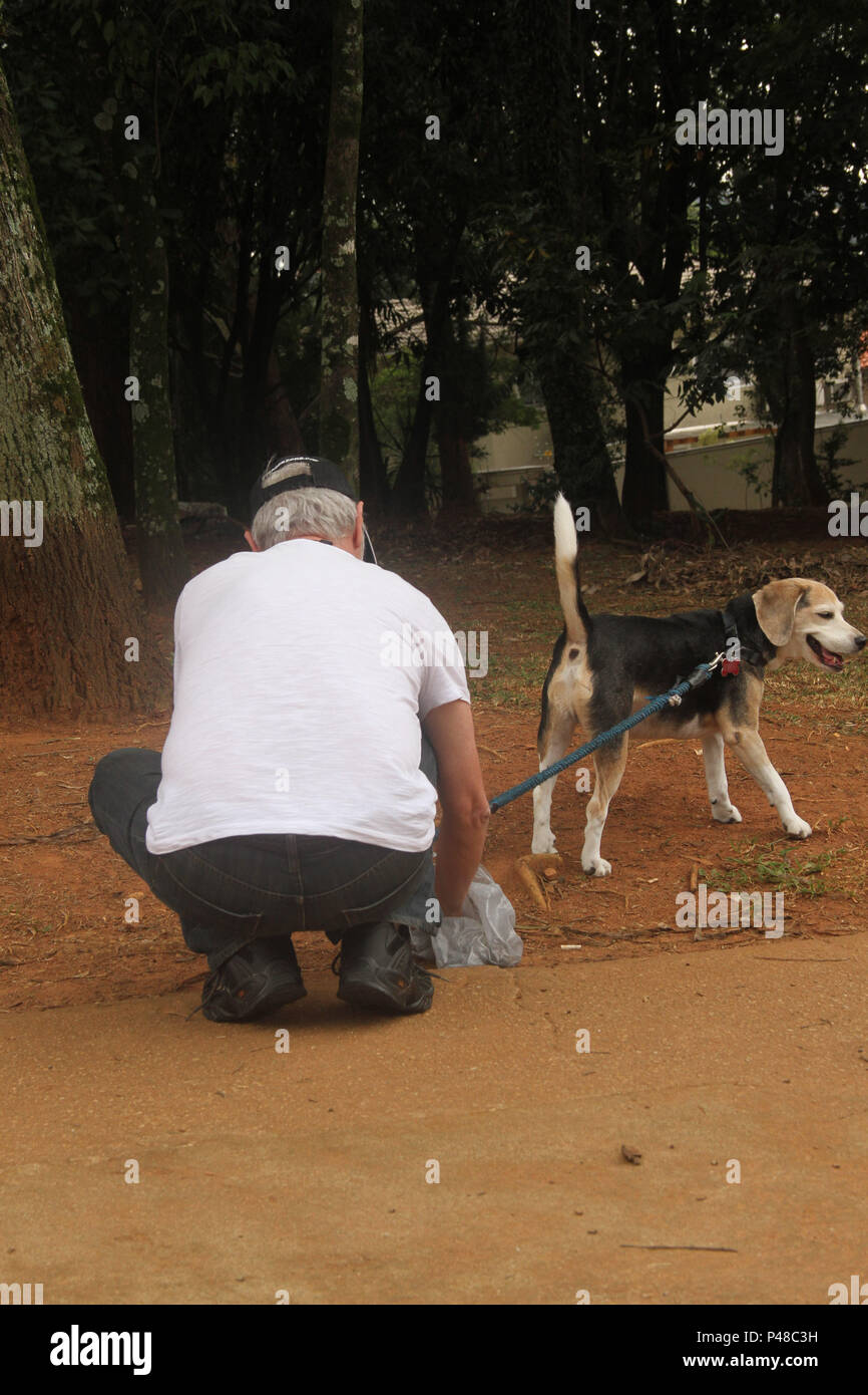 SÃO PAULO, SP - 10.04.2015: ADULTO RECOLHENDO FEZES DE CACHORRO - Adulto recolhendo fezes de cachorro em praça pública na Vila Madalena. (Foto: Celio Coscia / Fotoarena) Foto Stock