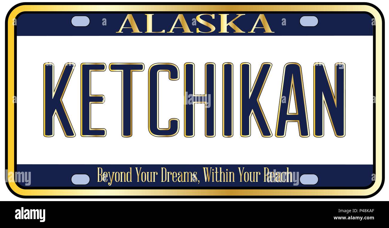 Stato dell'Alaska la targa con i colori della bandiera di Stato con il testo Ketchikan su uno sfondo bianco Illustrazione Vettoriale