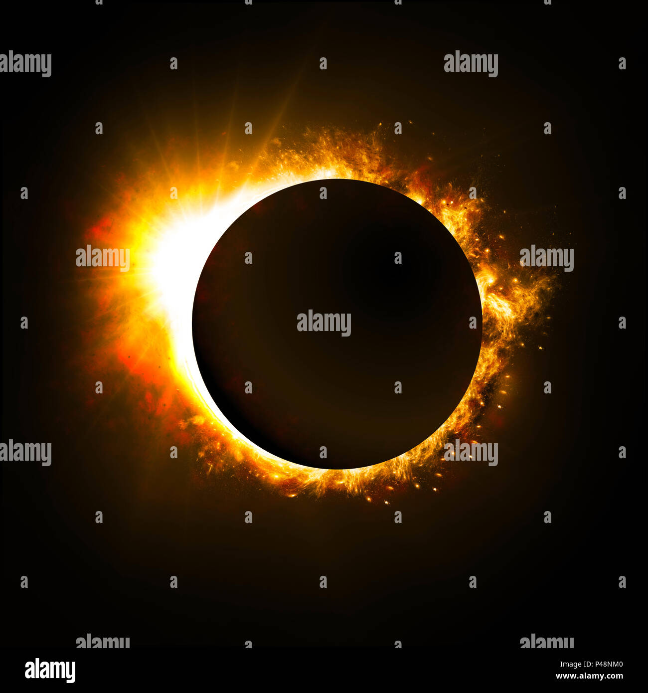 Eclissi solare, il passaggio di un pianeta davanti a una stella. Luna e sole. Via lattea galassie e universi Foto Stock