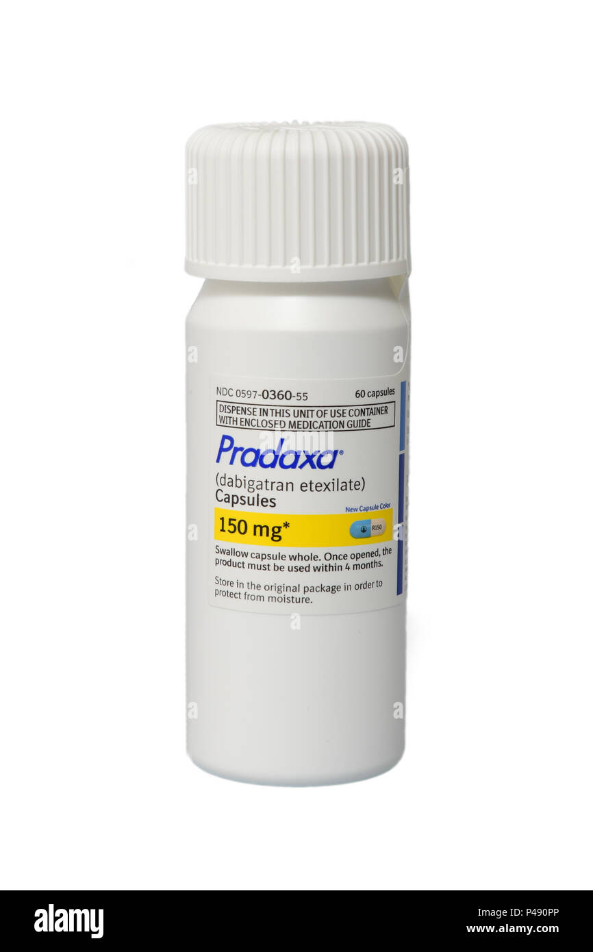 Medicina farmaco Pradaxa prescrizione anche noto come Dabigatran Etexilate un sangue anticoagulante più sottile realizzato da Boehringer Ingelheim Foto Stock