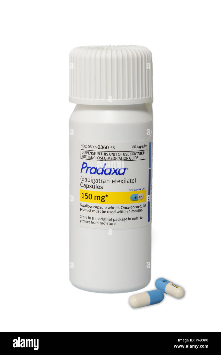 Medicina farmaco Pradaxa prescrizione anche noto come Dabigatran Etexilate un sangue anticoagulante più sottile realizzato da Boehringer Ingelheim Foto Stock