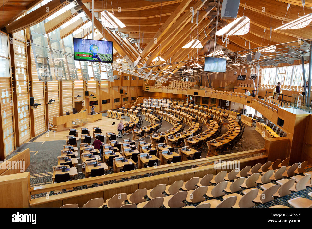 L'interno del Parlamento scozzese, Holyrood, Edimburgo, Scozia Regno Unito, esempio di architettura moderna scozzese Foto Stock