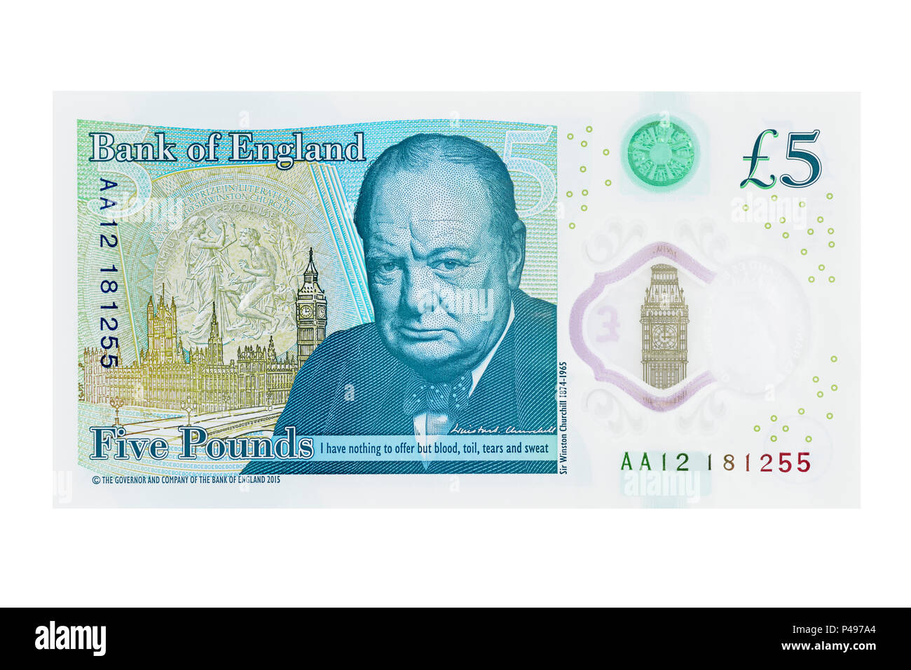 Nuovo 5 Pound nota mostra Winston Churchill, UK, tagliate Foto Stock