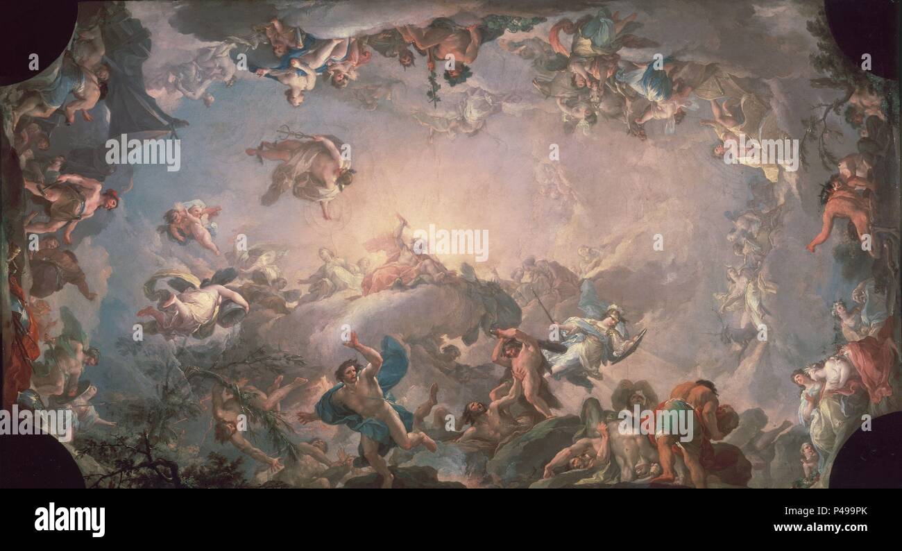 " La Caduta dei Giganti assediava Olympus", 1764, olio su tela, 68 cm x 123 cm, P00604. Autore: Francisco Bayeu y Subias (1734-1795). Posizione: Il MUSEO DEL PRADO-PINTURA, MADRID, Spagna. Noto anche come: EL OLIMPO: BATALLA CON Los Gigantes. Foto Stock