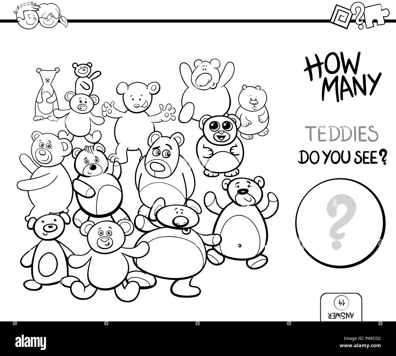Bianco e Nero Cartoon illustrazione di Educational attività di conteggio gioco per bambini con orsetti di peluche personaggi giocattolo libro da colorare Illustrazione Vettoriale
