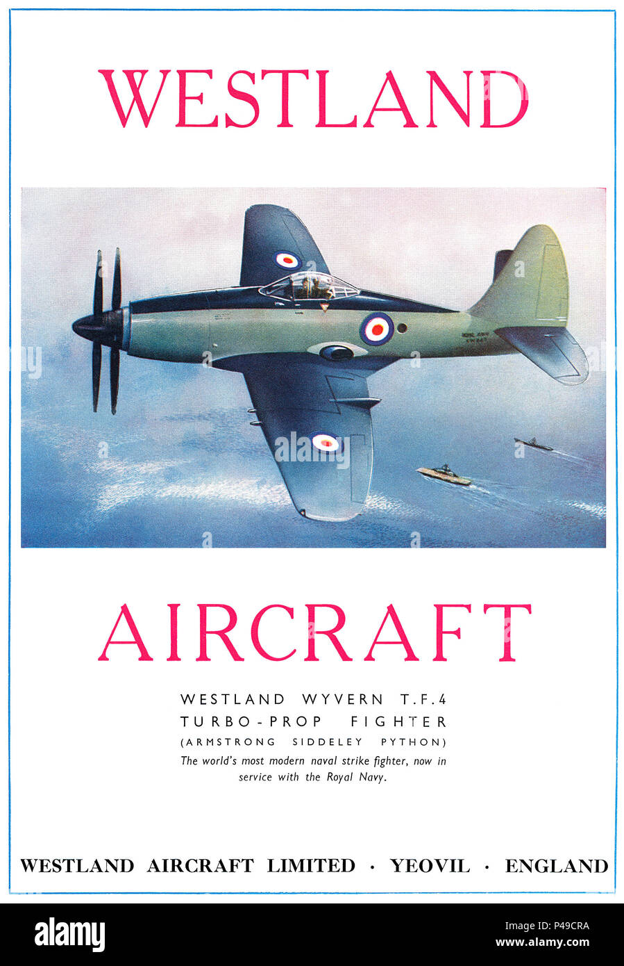 1951 British pubblicità per Westland Aircraft e il Westland Wyvern TF 4 a doppia elica degli aerei da caccia. Foto Stock