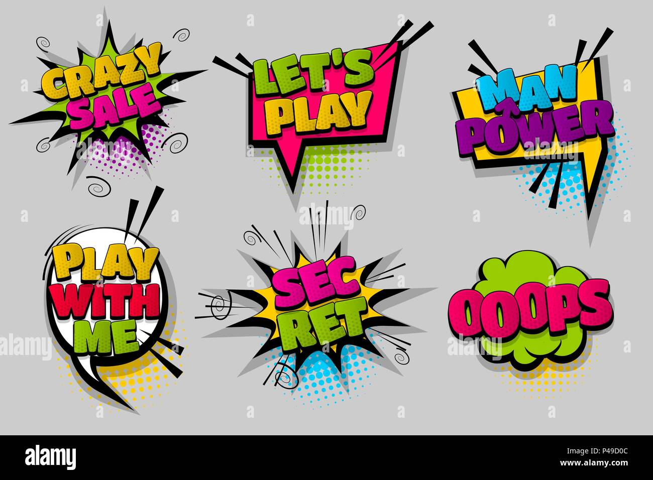 Crazy vendita oops, uomo di potere set pop disegnata a mano immagini modello effetti fumetto discorso bolla punto di mezzotono background pop art style. Finestra di dialogo comico cloud Illustrazione Vettoriale