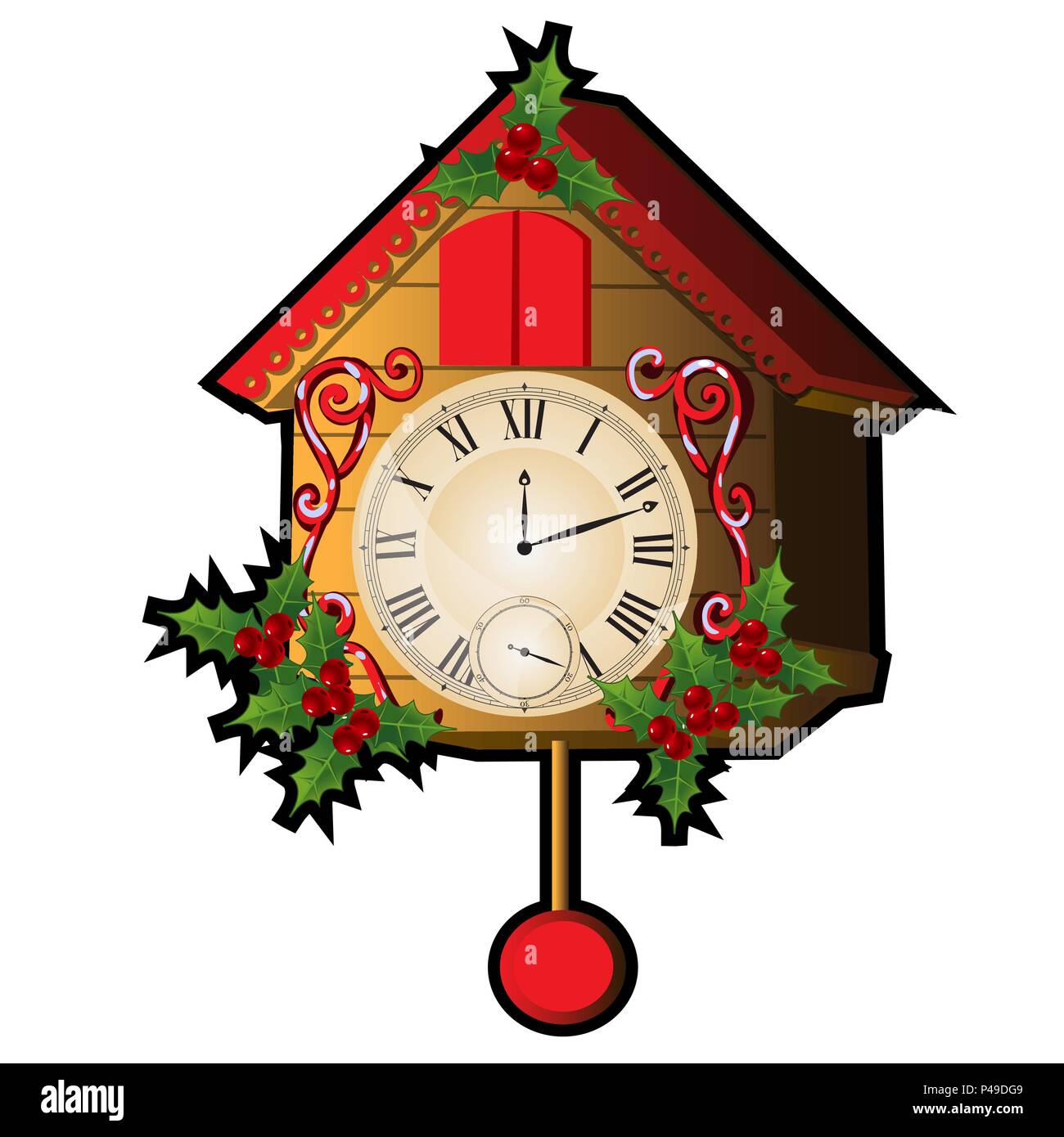 Orologio a cucù decorato con foglie e bacche di agrifoglio isolato su uno sfondo bianco. Schizzo per biglietto di auguri, festosa poster o di inviti per le feste.Gli attributi del Natale e del nuovo anno. Vettore. Illustrazione Vettoriale