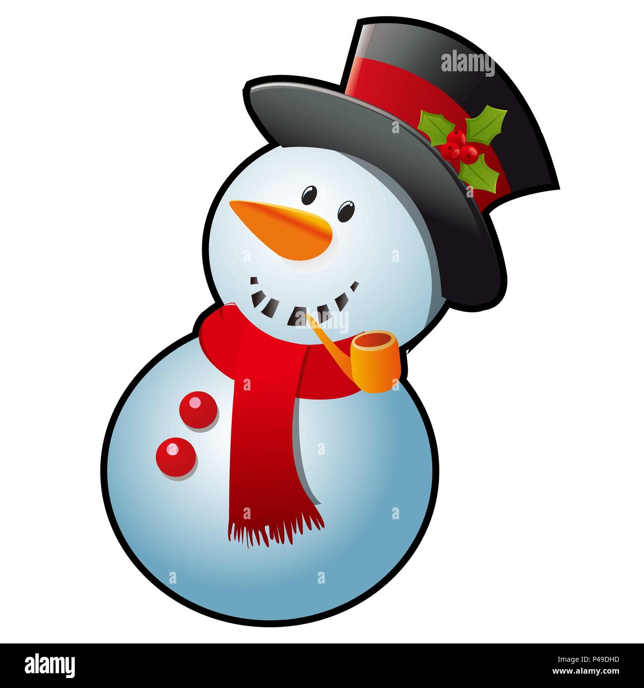 Pupazzo di neve in un fazzoletto rosso e nero cappello a cilindro isolato  su sfondo bianco. Schizzo per biglietto di auguri, festosa poster o di  inviti per le feste.Gli attributi del Natale