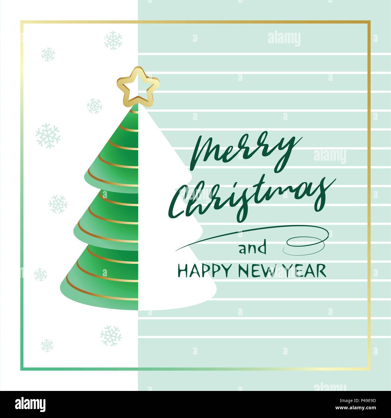 Buon Natale e Felice Anno Nuovo. Biglietto di auguri con abstract albero di Natale, golden star e fiocchi di neve. Illustrazione Vettoriale. Illustrazione Vettoriale