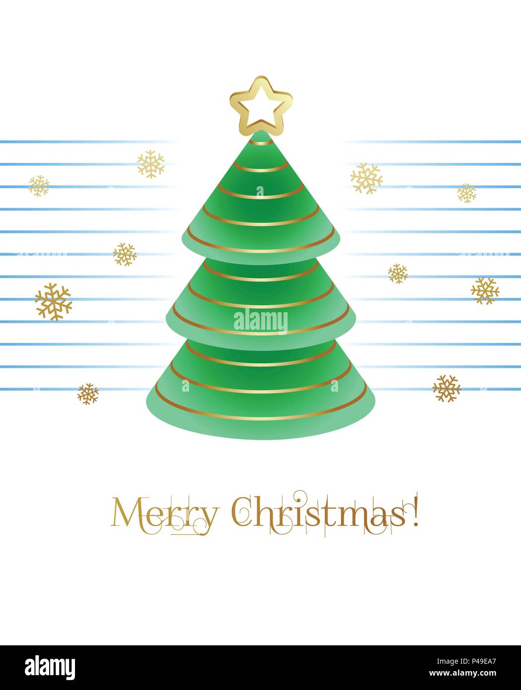 Buon Natale! Elegante biglietto di auguri con abstract albero di Natale e golden i fiocchi di neve. Illustrazione Vettoriale. Illustrazione Vettoriale