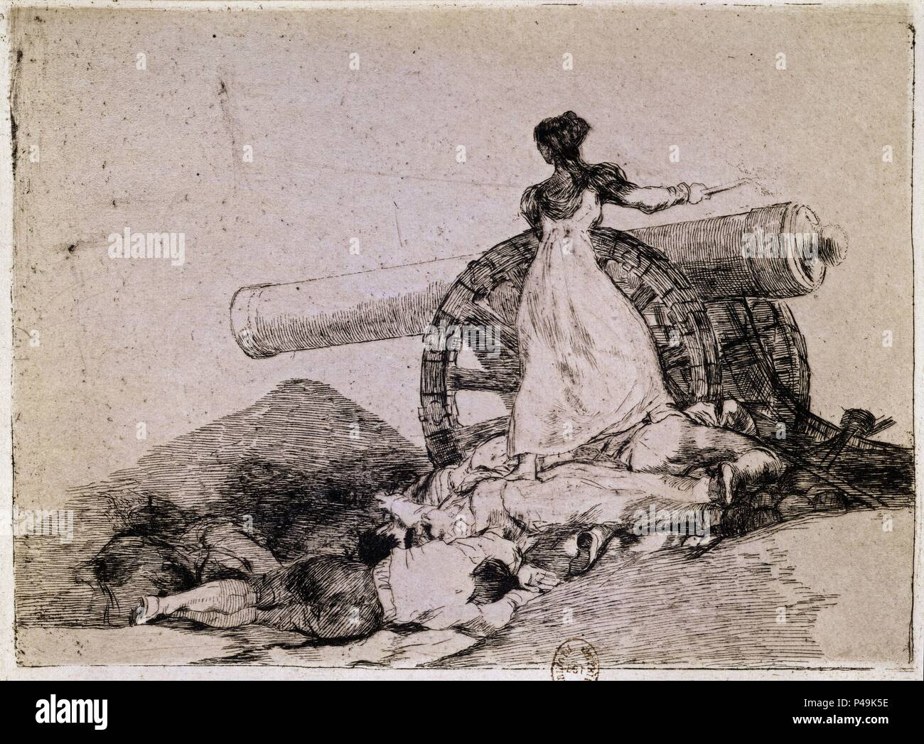 Quanto coraggio!, la piastra 7 di 'disastri della guerra" (1810-1815), raffigurante Augustina d'Aragona (d.1857) sparando un cannone per la difesa di Saragozza in 1808 - 1863 - 15,8x20,9 cm- incisione acquatinta, puntasecca, bulino burnisher e. Autore: Francisco de Goya (1746-1828). Posizione: Biblioteca Nazionale, Francia. Noto anche come: DESASTRES DE LA GUERRA (1810-1815) -DESASTRE Nº 7- ¡Que VALOR!. Foto Stock
