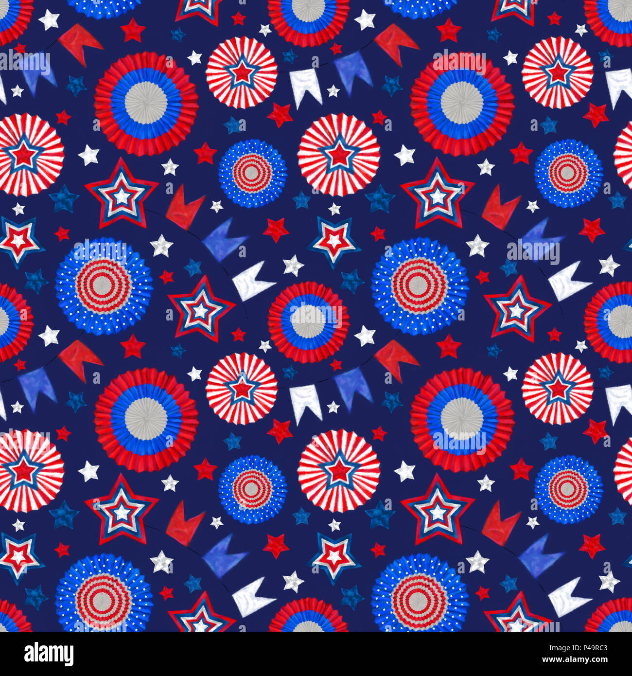 Quarto di luglio Seamless Pattern con Cockades tricolore e stelle sul blu scuro. Modello senza cuciture in colori patriottici per gli Stati Uniti il giorno di indipendenza. Foto Stock