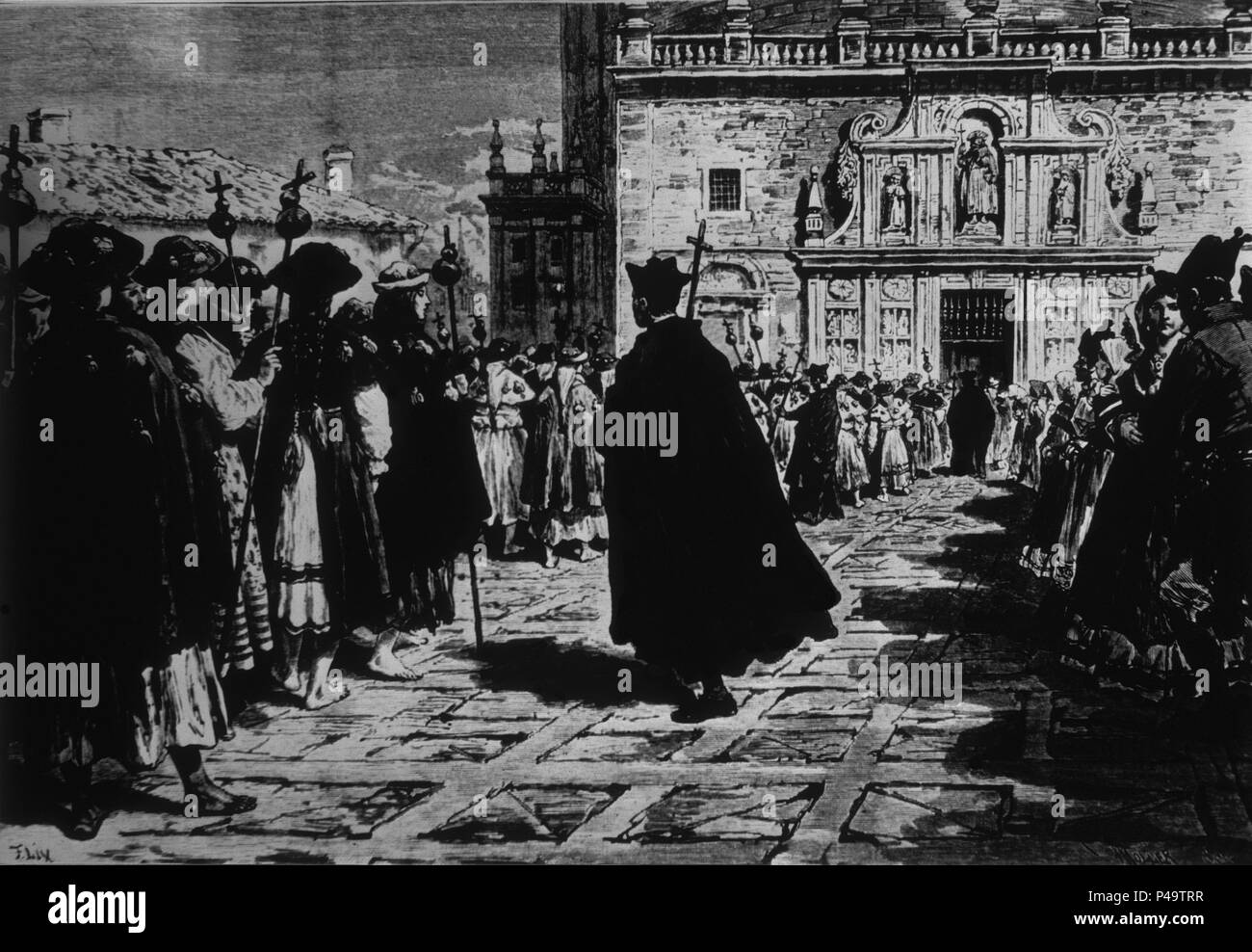 PEREGRINOS FRENTE A LA PUERTA SANTA DE COMPOSTELA - LITOGRAFIA - 1880. Autore: Daniel Vierge (1851-1904). Posizione: INSTITUTO PADRE SARMIENTO, CORUÑA, Spagna. Foto Stock