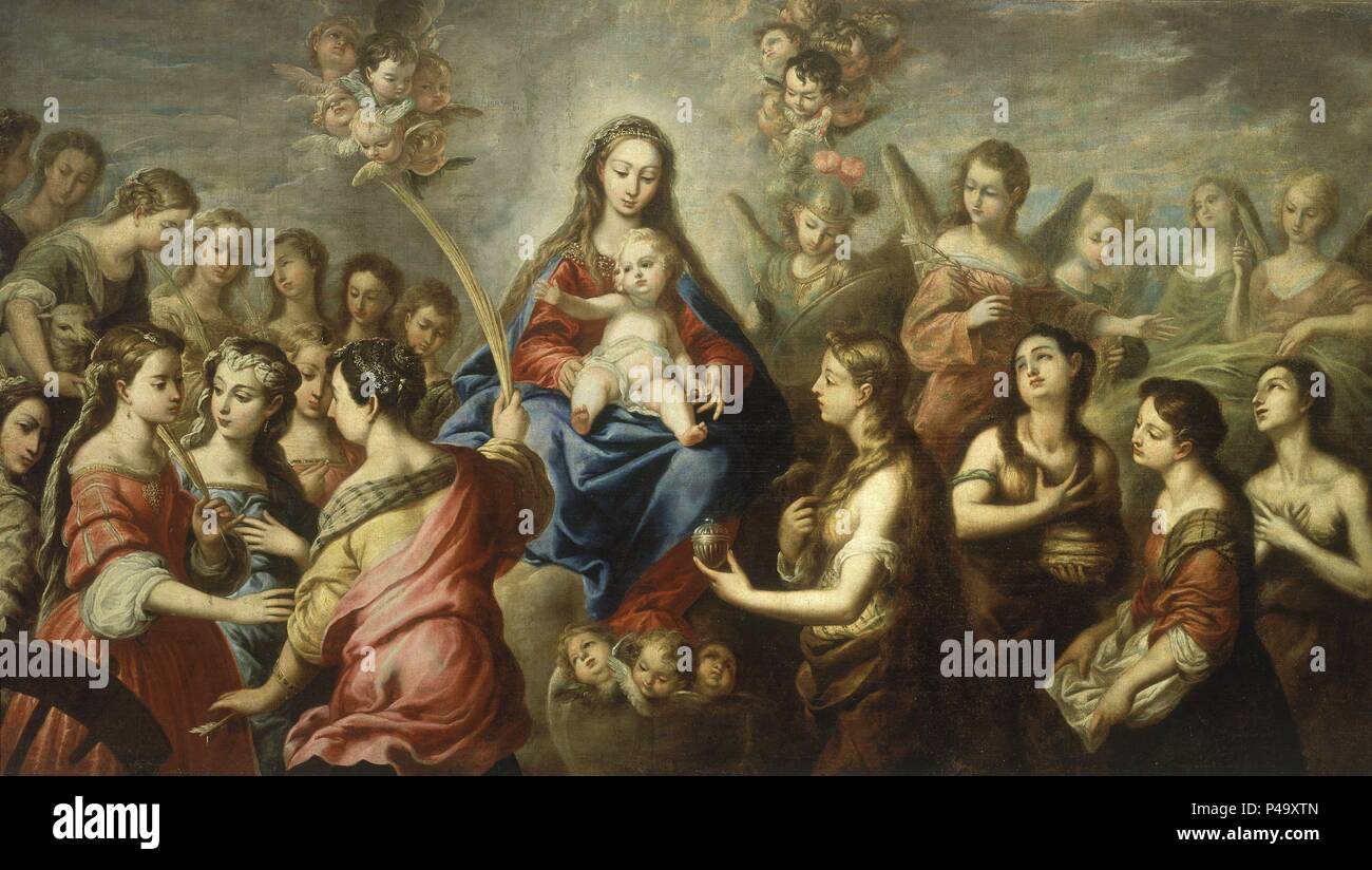 VIRGEN CON EL NIÑO ADORADA POR ANGELES Y SANTAS - siglo XVII - OLEO/LIENZO - 188,5 x 332 cm BARROCO ESPAÑOL. Autore: Pedro Atanasio Bocanegra (1638-1689). Posizione: Museo delle Belle Arti, Granada, Spagna. Foto Stock