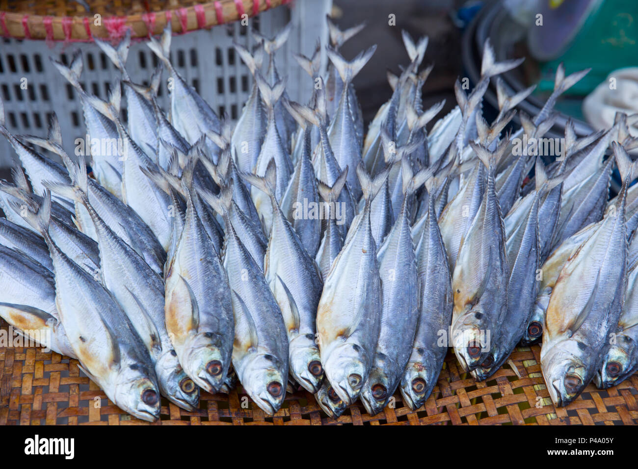 Pesce essiccato. pesce secco per la conservazione di alimenti. Foto Stock