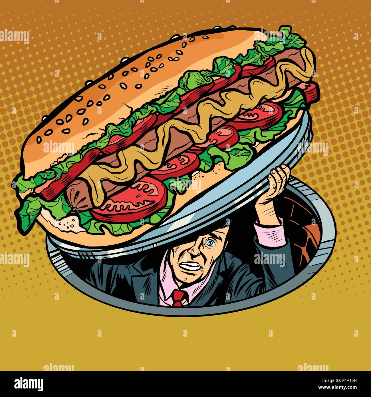 Hot Dog con salsiccia e insalata. L'uomo sotto il fast food Illustrazione Vettoriale