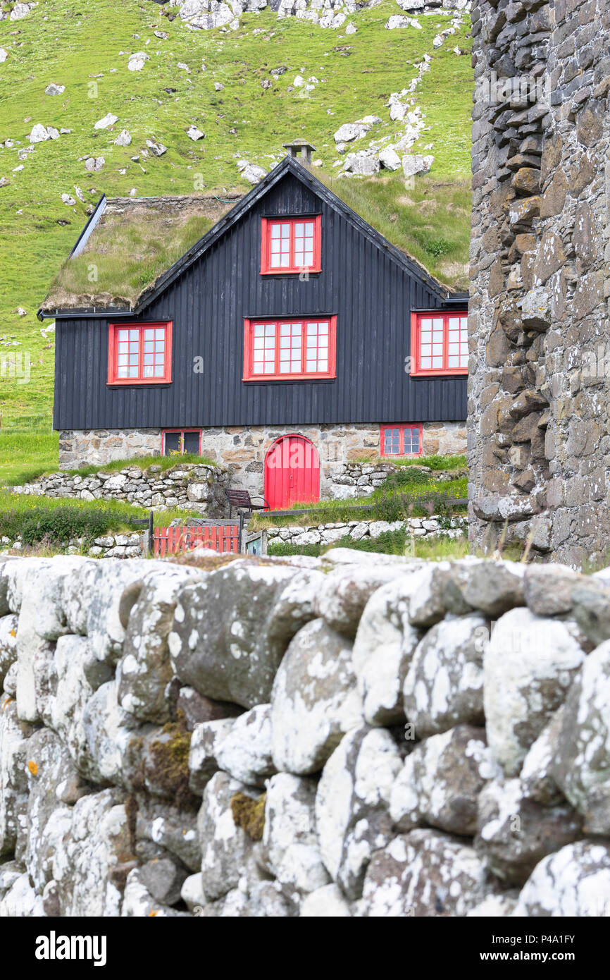 Agriturismo con tetto in erba, Kirkjubour, Streymoy isola, isole Faerøer, Danimarca Foto Stock