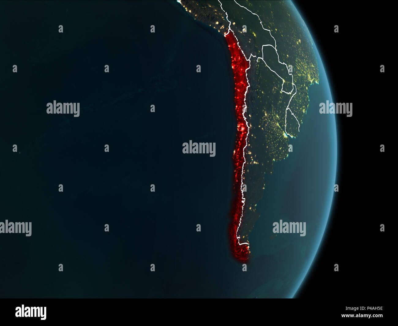 Mappa di Cile in rosso come visto dallo spazio sul pianeta terra di notte con linee di demarcazione bianco e luci della citta'. 3D'illustrazione. Gli elementi di questa immagine furnis Foto Stock