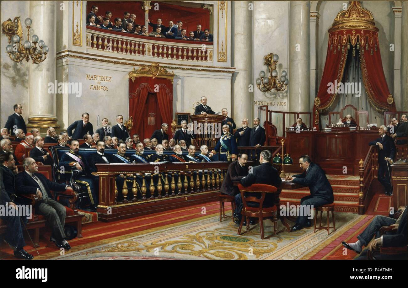 PRESENTACION DEL GOBIERNO DE LA UNION NACIONAL ANTE EL SENADO POR ANTONIO MAURA 22/3/1918 - 1918 - L 0,92 x 14,2 - Nº INVENTARIO 21. Autore: Asterio Mañanós Martínez (1861-1935). Posizione: SENADO-PINTURA, Madrid. Foto Stock