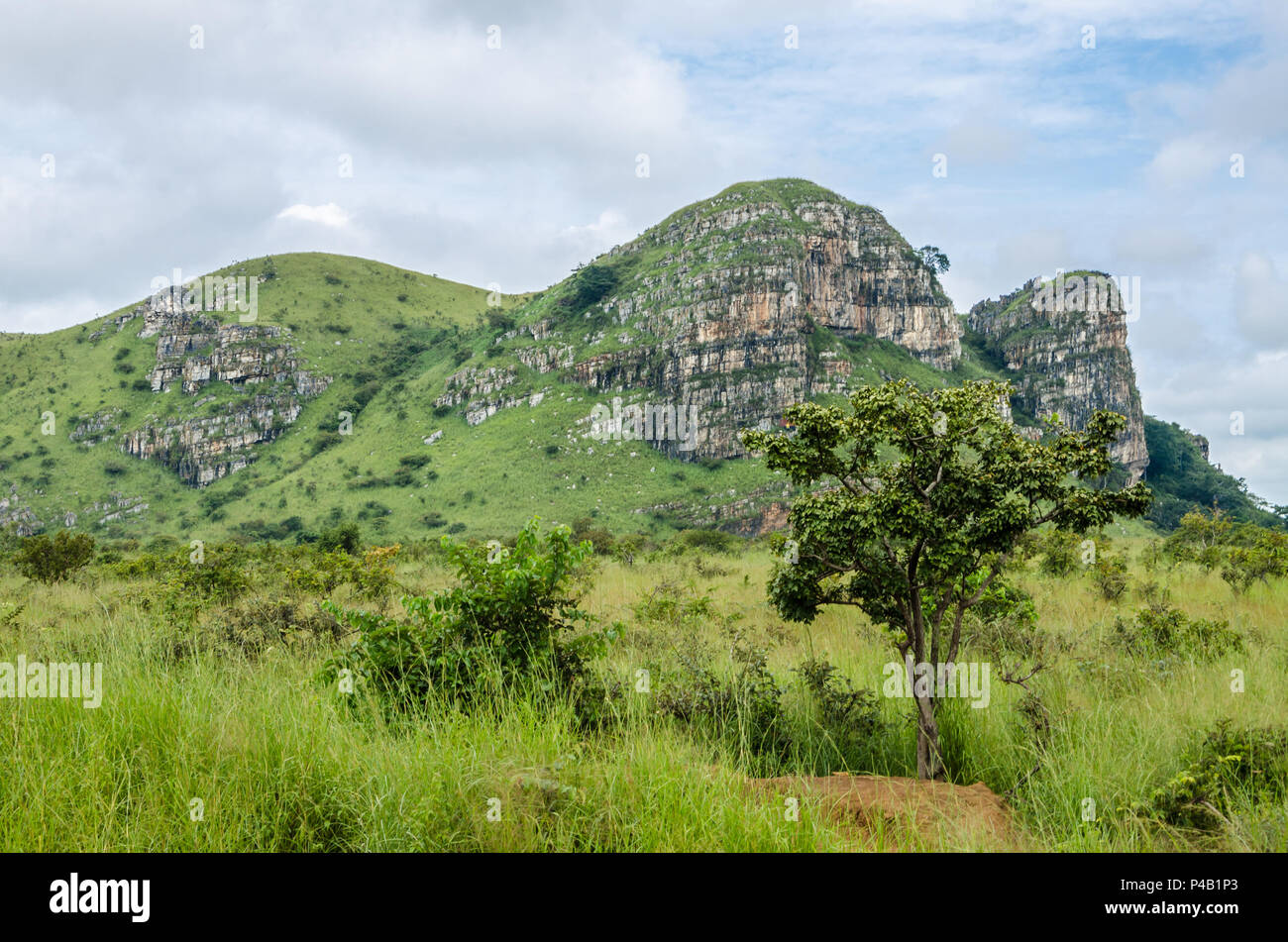 Verde di Rocky Mountain Range con erba verde in primo piano nel paesaggio nel nord dell'Angola, Africa. Foto Stock