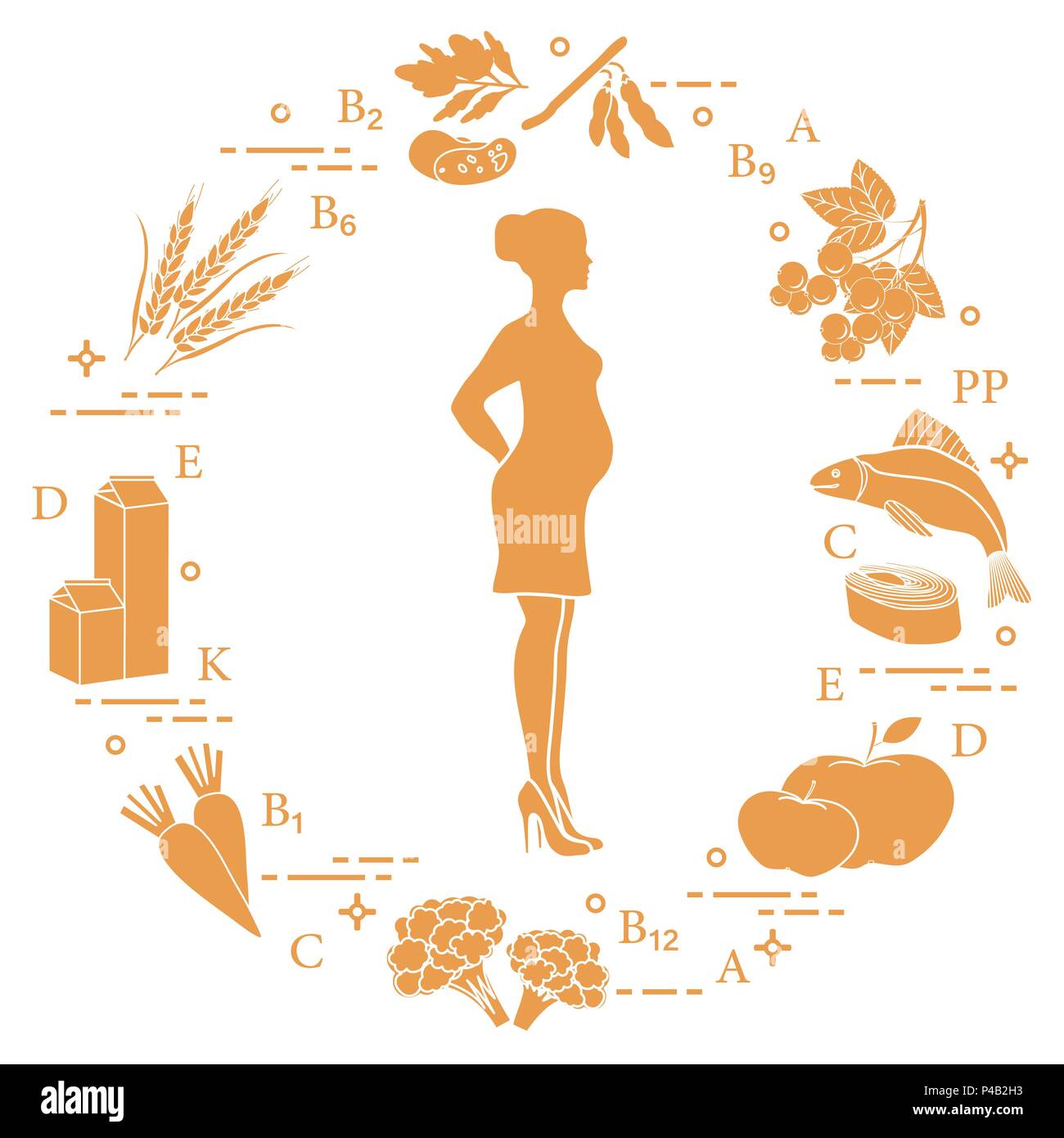 Donna incinta e di cibi ricchi di vitamine utili per le donne in gravidanza. Pesci, mele, cavolfiore, carote, prodotti lattiero-caseari, il ribes nero, soia, siamo Illustrazione Vettoriale