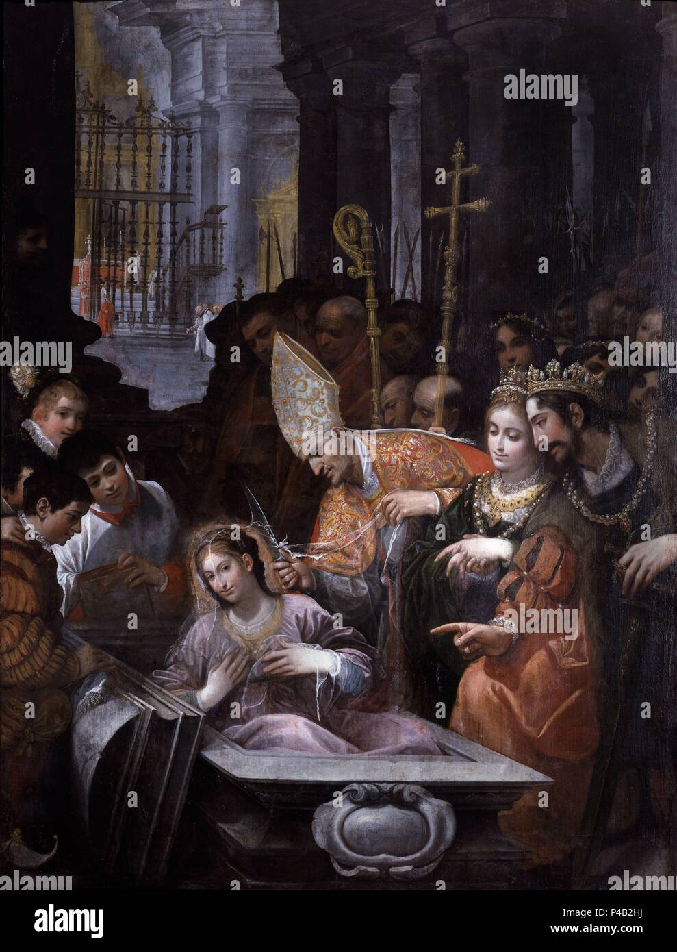RESURRECCION DE SANTA LEOCADIA - (303 -?)- RIUNIONE DE RECESVINTO Y SAN ILFEDONSO - siglo XVII - PINTURA SEVILLANA. Autore: Juan de Roelas (c. 1570-1625). Posizione: OSPEDALE DEL NIÑO GESÙ-DECANATO, MADRID, Spagna. Foto Stock
