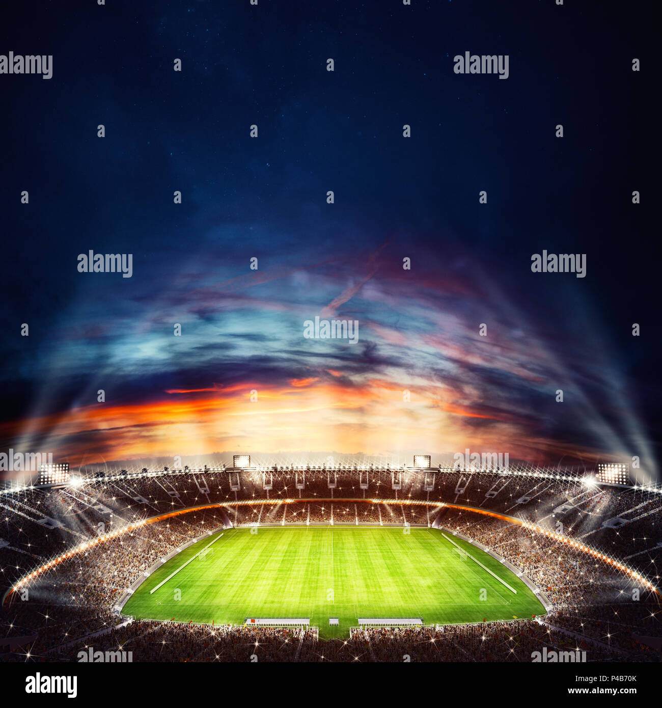 Vista dall'alto di uno stadio di calcio durante la notte con le luci accese. Il rendering 3D Foto Stock