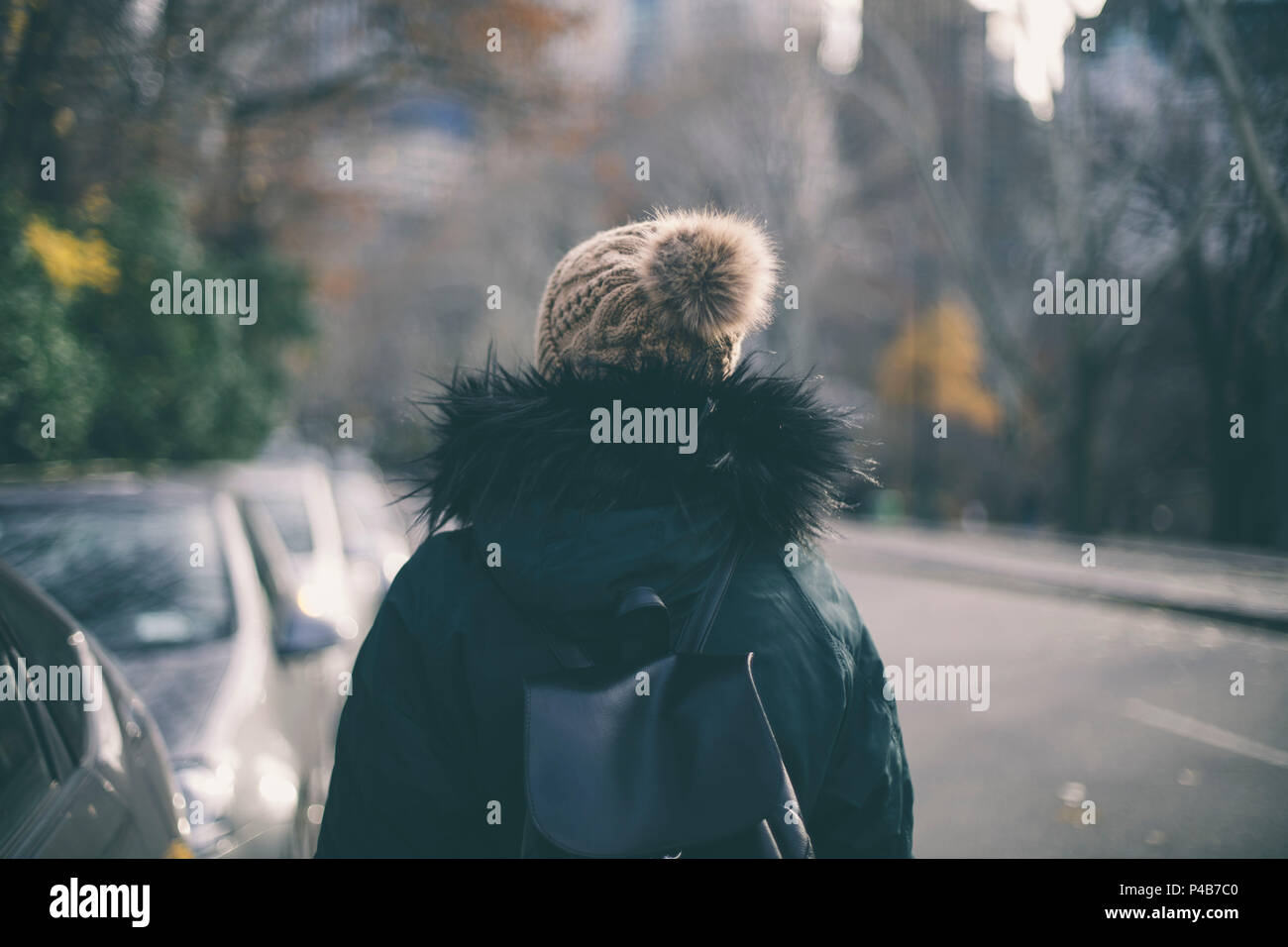 La donna a piedi a central park in inverno Foto Stock