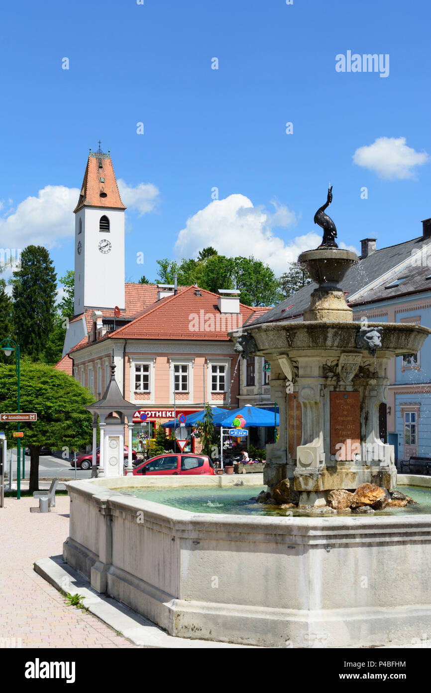 Aspang-Markt, piazza Hauptplatz, fontana, chiesa, Wiener Alpen (Vienna Alpi), Austria Inferiore, Austria Foto Stock