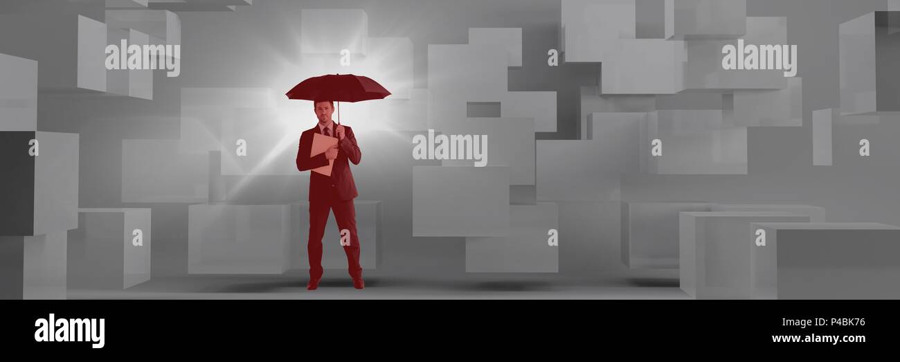 Immagine composita di business man tenendo i file e ombrello con caselle di colore grigio sullo sfondo Foto Stock