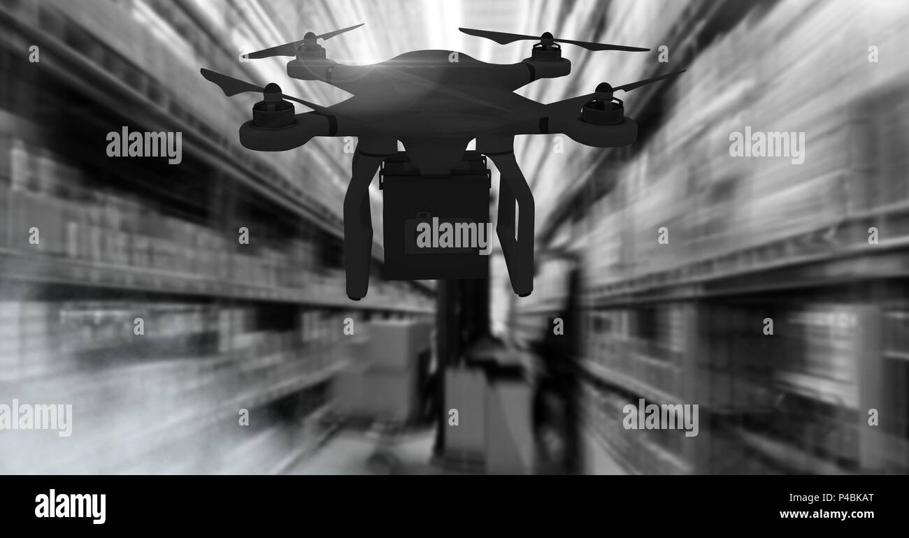 Consegna drone volando attraverso il magazzino Foto Stock