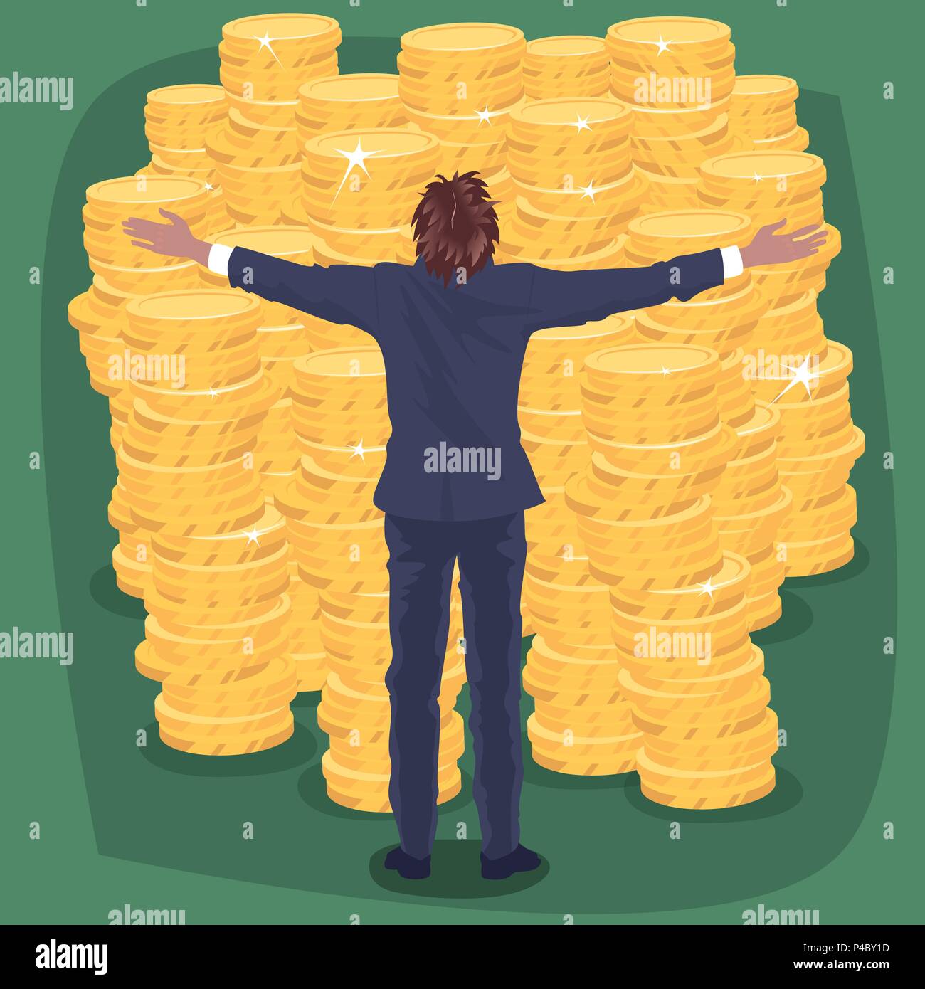 Happy businessman gode di entrate o di grande profitto. Uomo in business suit con le braccia aperte in piedi vicino a un sacco di monete d'oro denaro. Realisti semplificata Illustrazione Vettoriale