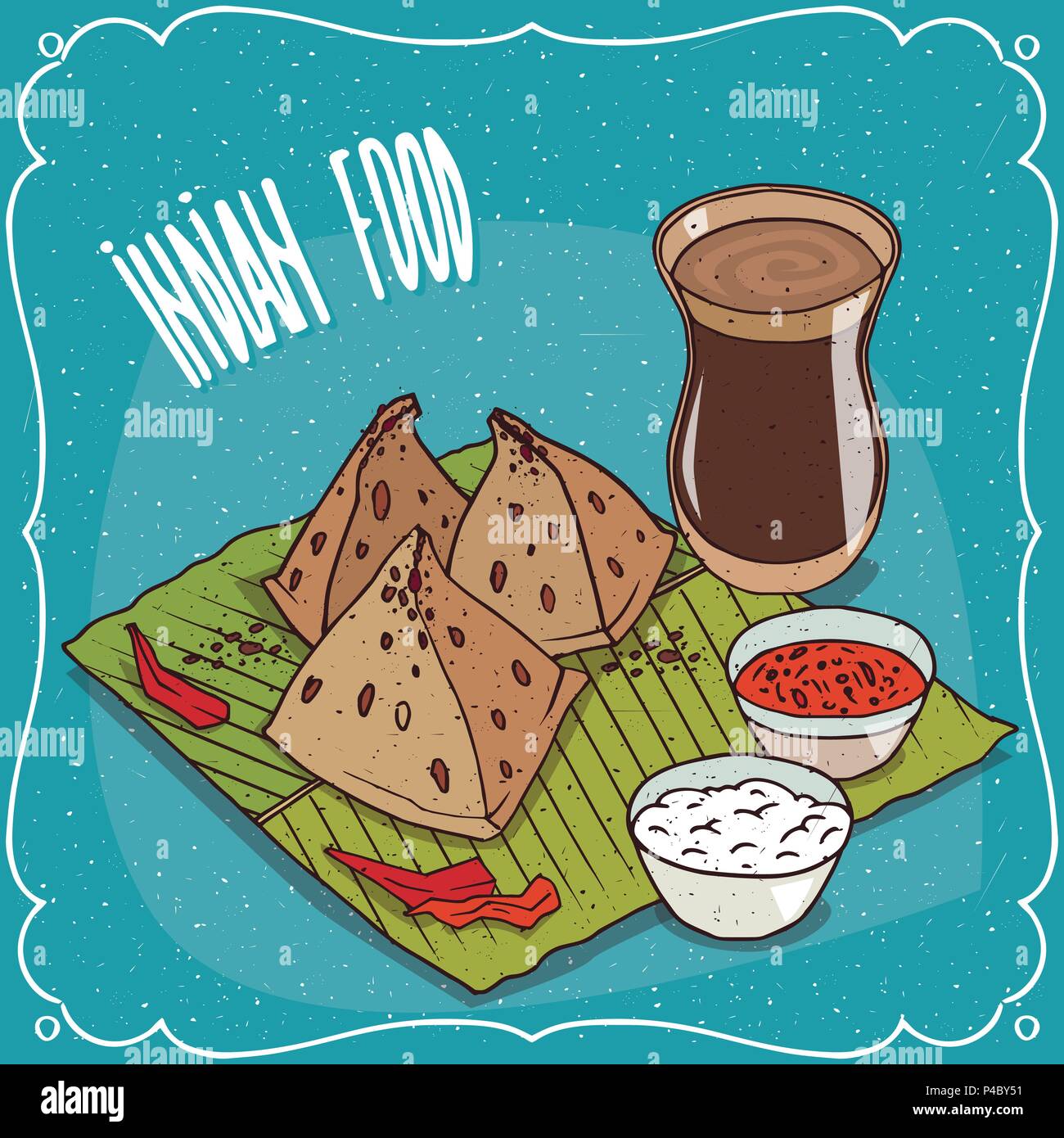 Dolci tradizionali, cibo di cucina Indiana, snack noto come Samosa con salsa e ricotta, sulla banana leaf piastra e masala chai tea. Disegnata a mano com Illustrazione Vettoriale