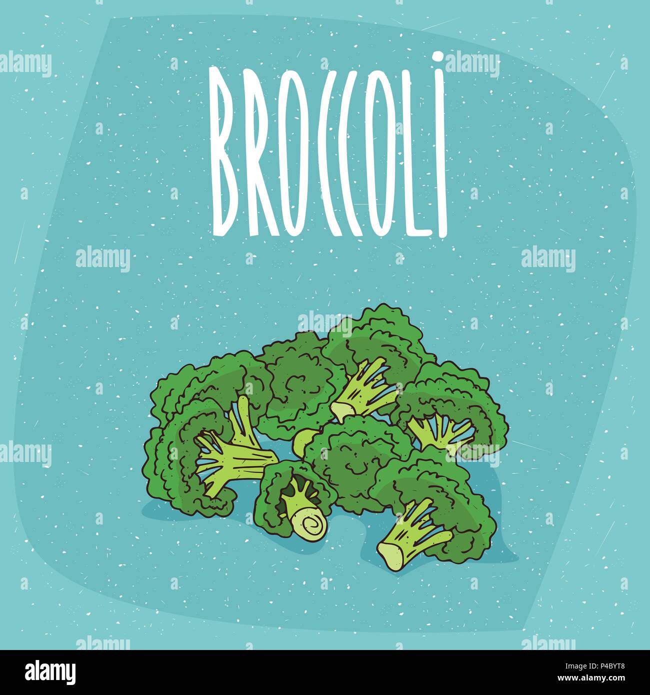 Gruppo di più mature verdure broccoli stocchi. Splendidamente taglio, parte visibile. Isolato sfondo blu. Realistico disegnare a mano stile. Lettering ins Illustrazione Vettoriale