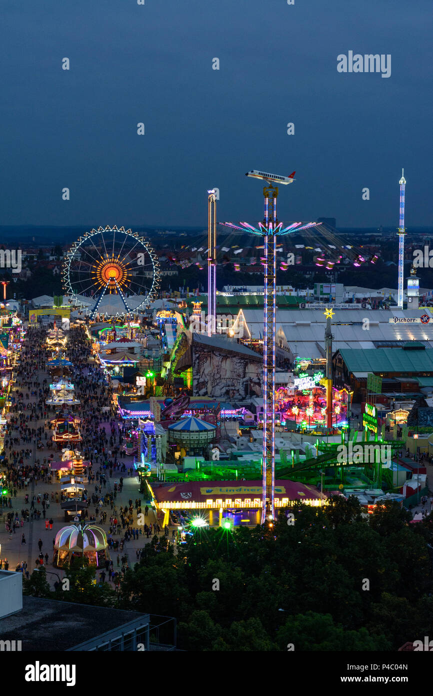 München Monaco di Baviera, festival della birra Oktoberfest, visualizzare la birra tenda, corse, roller coaster, ruota panoramica Ferris, Alta Baviera, Baviera, Germania Foto Stock