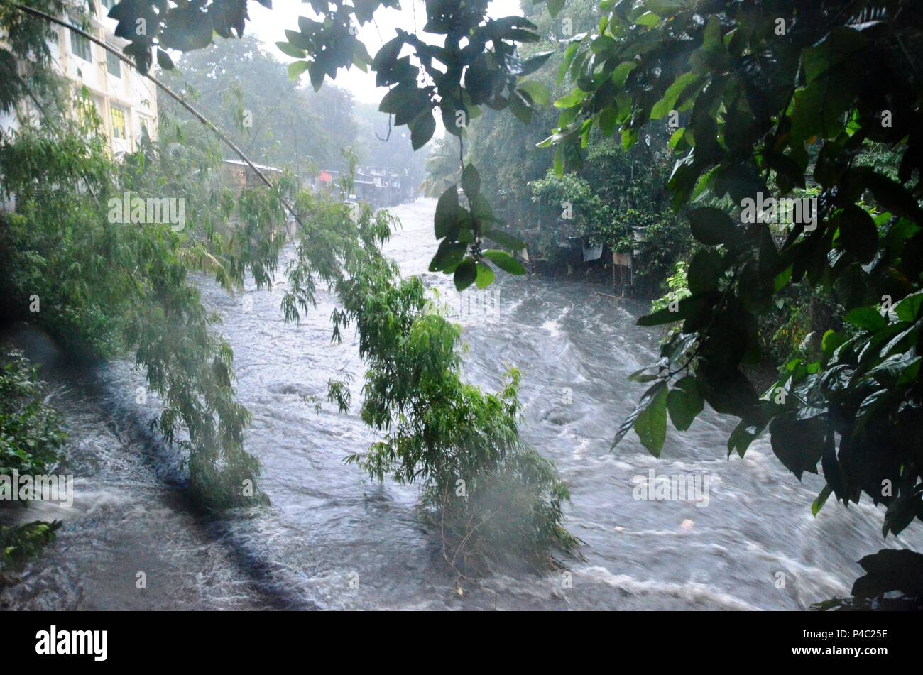 Quezon City, Filippine. Il 21 giugno, 2018. La condizione dei residenti su K-6 street e sul lato del ponte della Lagarian Creek-Bridge area (giudice D. Jimenez area) è a rischio a causa della rapida crescita di acqua e la sua forte flusso. Credito: Robert Oswald Alfiler/Pacific Press/Alamy Live News Foto Stock