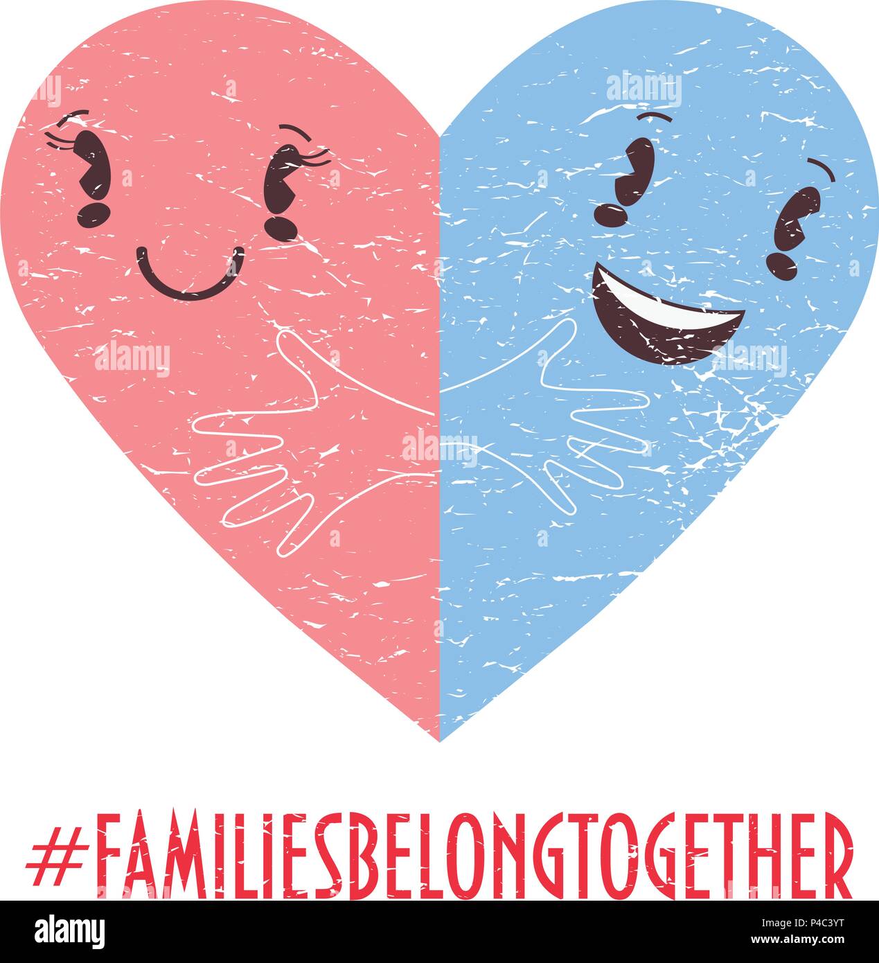 Famiglia appartengono insieme alla moda illustrazione vettoriale: due metà del simbolo del cuore come metafora dell'unità della famiglia. Interrompere la separazione di famiglie un poster o un banner. Illustrazione Vettoriale
