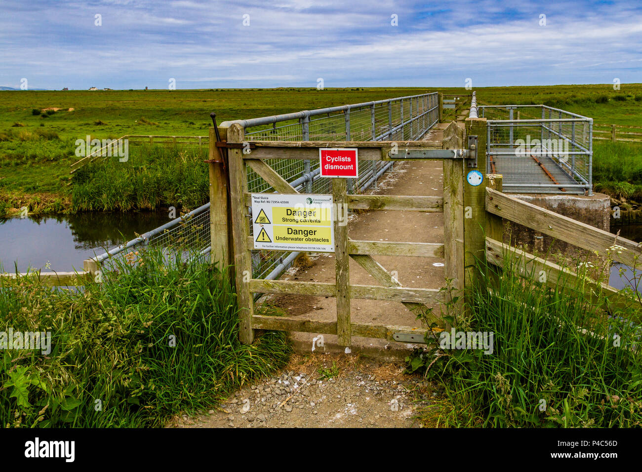 Northumberland percorso costa attraversando una saracinesca sulla palude costiera, vicino a Beal, Northumberland, Regno Unito. Giugno 2018. Foto Stock
