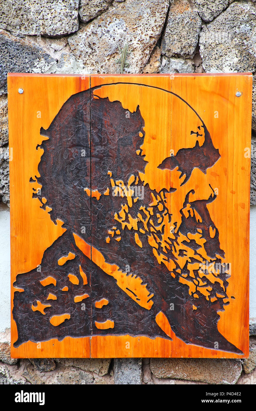 Ritratto di Charles Darwin al Galapagos Parco Nazionale sede sull isola di Santa Cruz, Ecuador. Darwin fu un naturalista inglese e geologo. Foto Stock