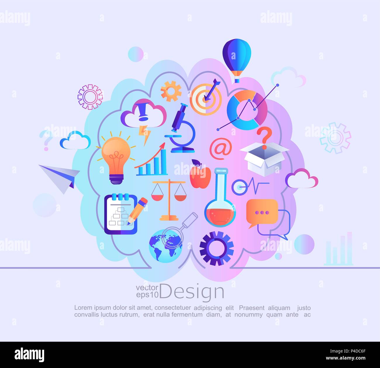 Infografico creativi concetto di conoscenze diverse nella nostra mente. Diversi segni e simboli nella nostra testa dopo l'istruzione. Divisione del colore a sinistra e la metà destra del cervello.illustrazione vettoriale. Illustrazione Vettoriale