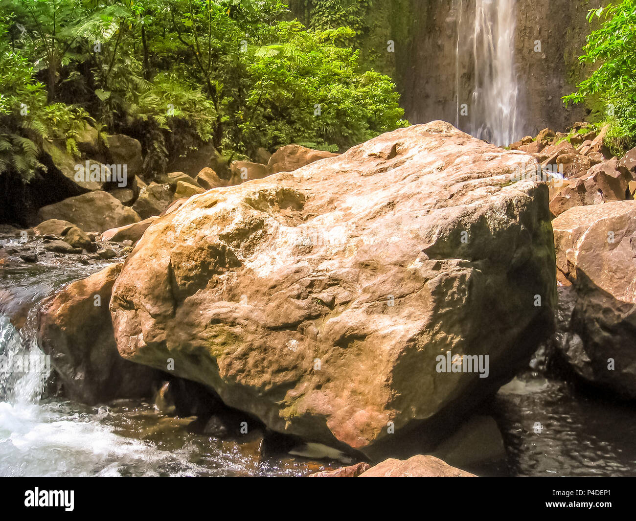 Primo piano di rocce ai piedi del Carbet Falls, uno dei tre cascate nella foresta pluviale tropicale sul fiume Carbet, Guadalupa isola dei Caraibi francesi. Le cascate sono uno dei più popolari siti di visitatori. Foto Stock