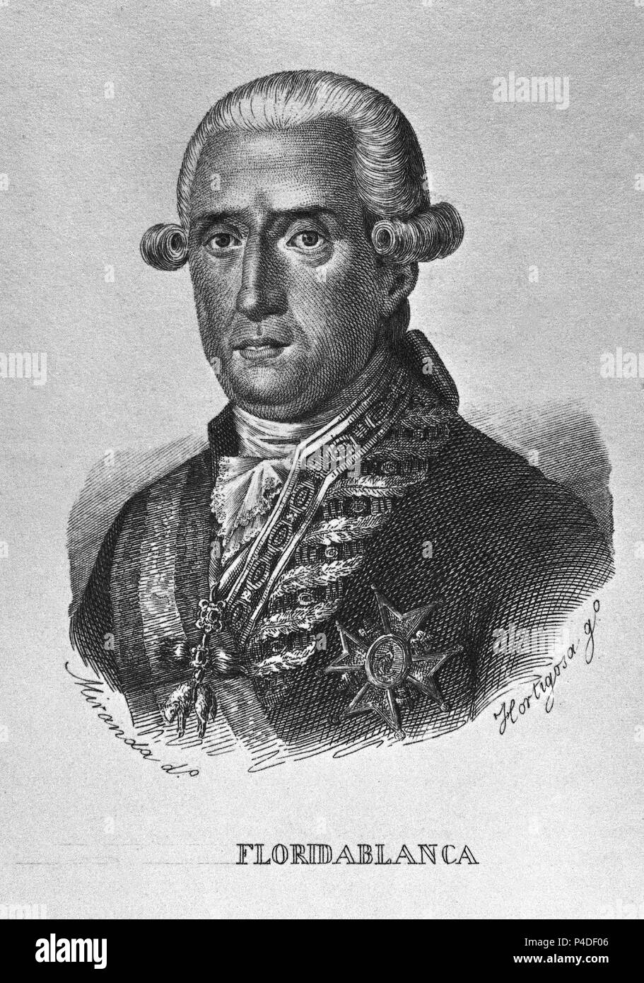 JOSE MOÑINO, CONDE FLORIDABLANCA (1728/1808) - FISCALE DEL CONSEJO DE CASTILLA Y Secretario de Estado EN TIEMPOS DE CARLOS III - GRABADO SIGLO XIX. Autore: HORTIGOSA (GRABADO) / MIRANDA (DIBUJO). Foto Stock