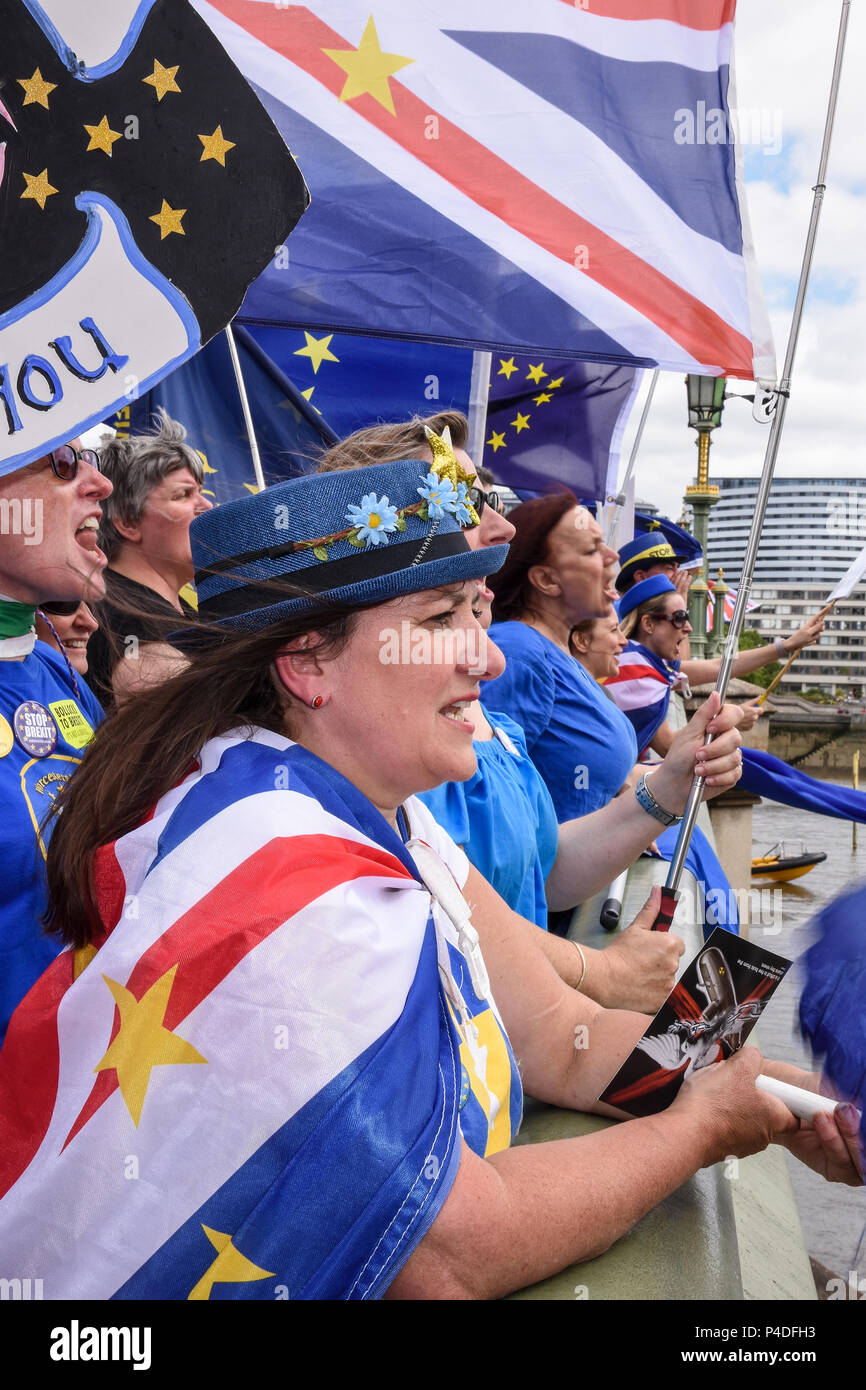 Pro-UE sostenitori radunati sul Westminster Bridge per dimostrare come la MPs ha discusso gli emendamenti al ritiro Bill,London.UK 20.06.2018 Foto Stock