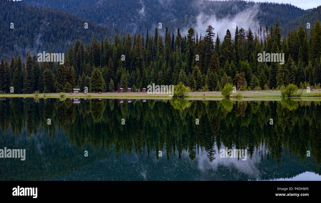 La riflessione di abeti di Douglas nel lago di fulmini Foto Stock