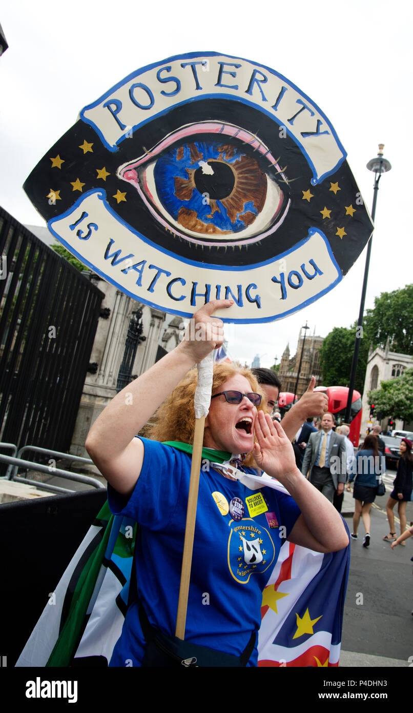 I manifestanti al di fuori del parlamento di Westminster, Londra come membri del Parlamento discutere la Unione europea ritiro bill, 20 giugno 2018. Un manifestante fro Foto Stock