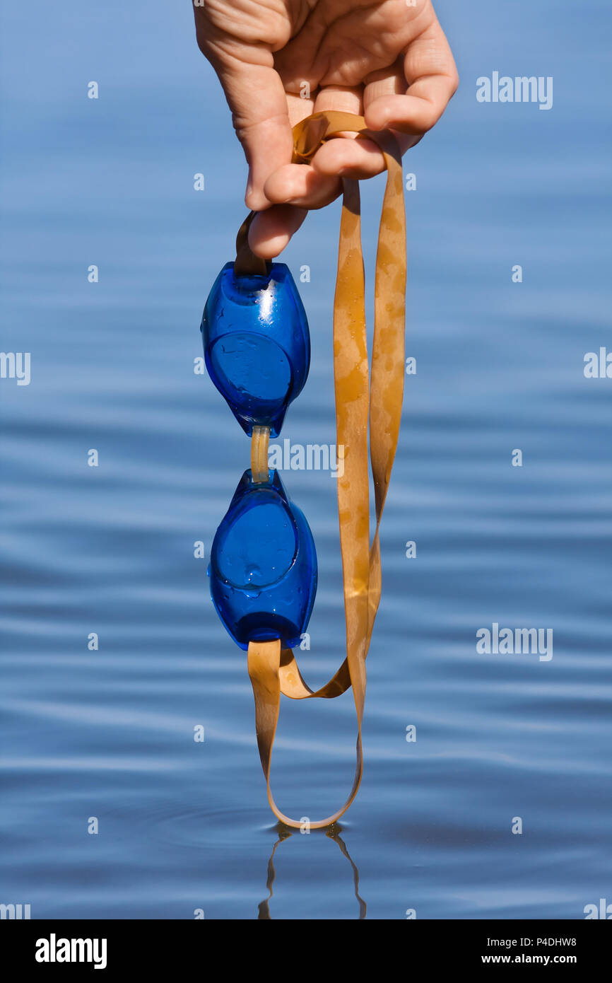 Mano di smimmer con gli occhiali per nuoto blu su sfondo sfocato Foto Stock